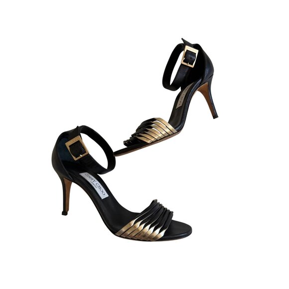 JIMMY CHOO Black Gold Leather Ankle Strap Sandals Heels Size 38/ US 8 - Picture 3 of 8